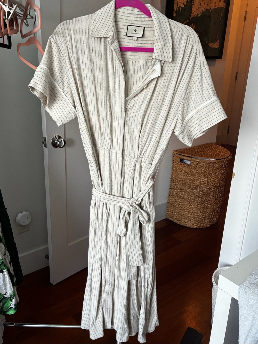 Tuckernuck Striped Cream Shirt Dress with Tie Waist